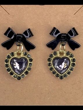 Black Bow and Gold Heart Crystal Drop Earrings - Unbranded Fashion Jewelry